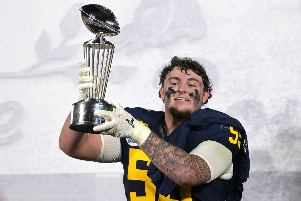 Michigan sophomore defensive lineman Mason Graham celebrates after winning the Rose Bowl. Graham was a standout at Servite High in Southern California.
